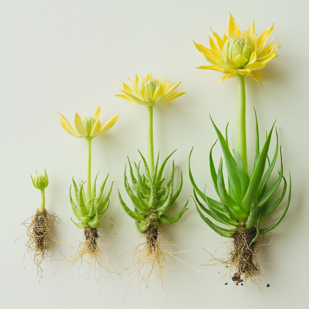 Etapy rozwoju młodych roślin Haworsji z widocznymi etapami od nasiona przez siewkę do dojrzałej rozety