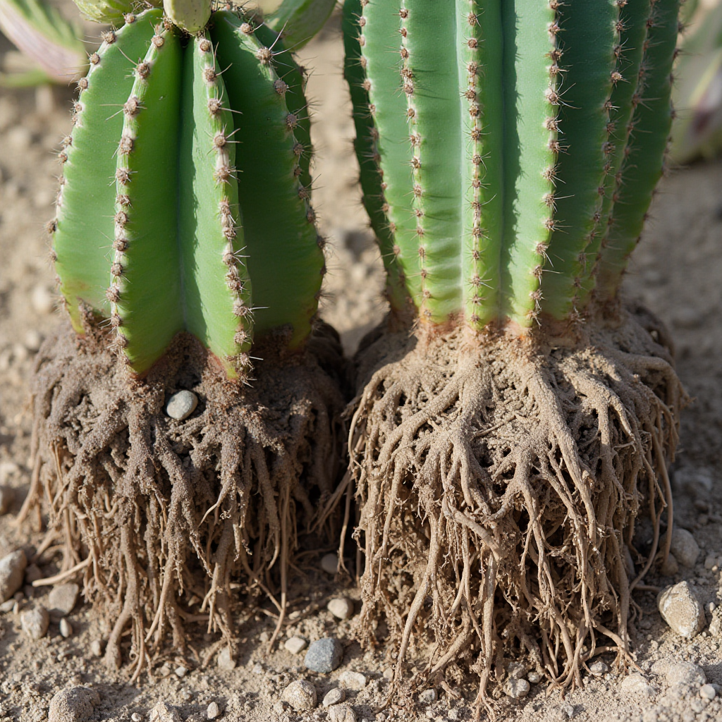 Porównanie systemów korzeniowych: kaktusa pustynnego i kaktusa bożonarodzeniowego (Schlumbergera truncata). Z lewej grube korzenie palowe, z prawej delikatne korzenie powietrzne. Zbliżenie na podłoże, naturalne oświetlenie.
