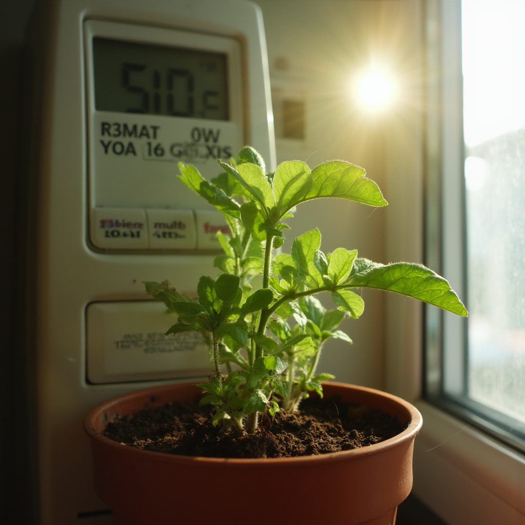 Doniczka z młodą Schlumbergera truncata na tle miernika wilgotności gleby i termometru pokojowego. Widoczna wskazówka na 50% wilgotności, temperatura 20°C. Ostre światło wpadające przez okno.