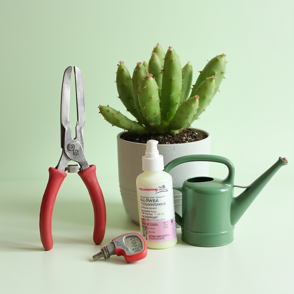 Zestaw do pielęgnacji kaktusa bożonarodzeniowego (Schlumbergera truncata): sekator, nawóz w płynie, pH-metr glebowy, konewka z wąską końcówką. Kompozycja na jasnym tle, ostrość na narzędziach.