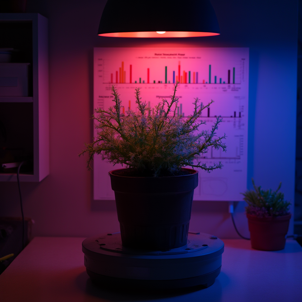 Kaktus bożonarodzeniowy (Schlumbergera truncata) pod lampą doświetlającą z czerwonym i niebieskim spektrum. Roślina ustawiona na stojaku laboratoryjnym, w tle wykres widma świetlnego. Chłodne oświetlenie.