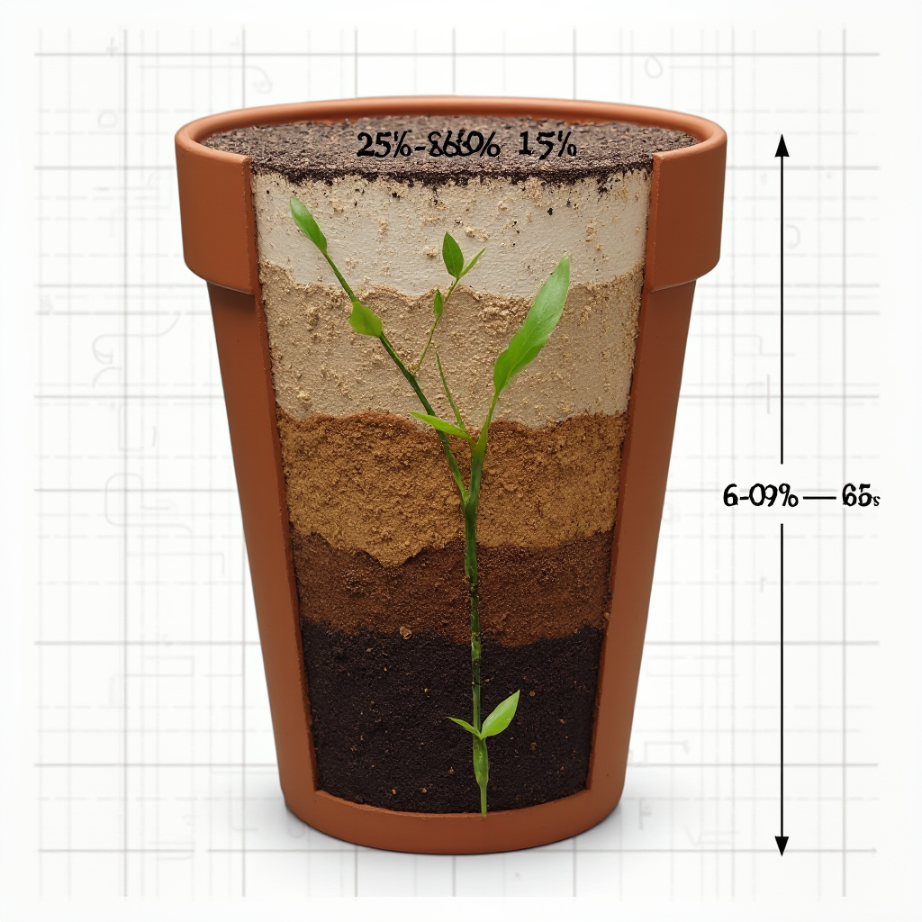 Przekrój przez doniczkę dla Schlumbergera truncata: warstwy drenażu (keramzyt), mieszanka ziemi (czarno-brązowa), wierzchnia warstwa żwiru. Zaznaczone proporcje 25%-60%-15%. Schemat w stylu infografiki.