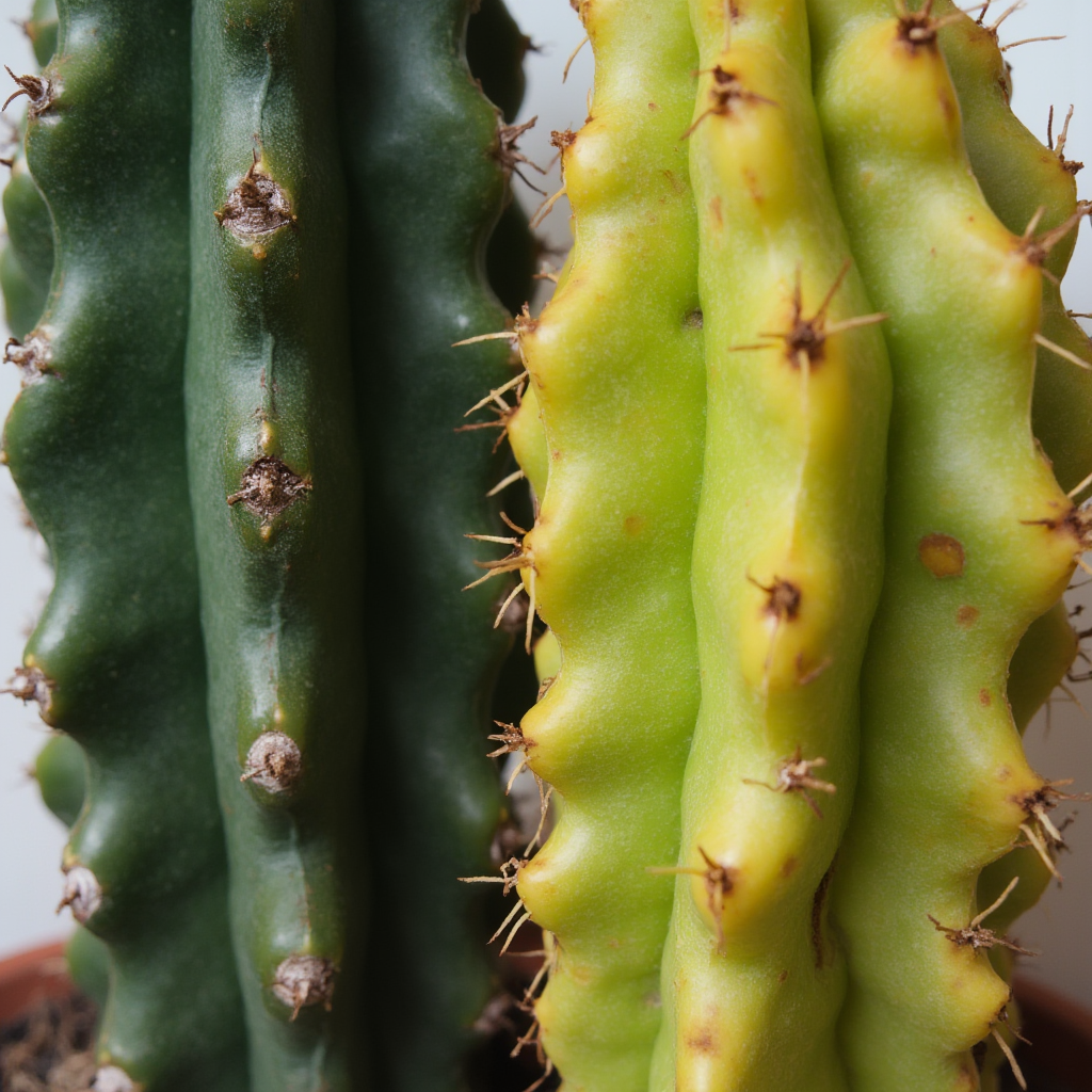 Porównanie zdrowych i chorych łodyg kaktusa bożonarodzeniowego (Schlumbergera truncata). Po lewej jędrne segmenty ciemnozielone, po prawej zżółknięte z plamami. Naturalne światło, ostrość na kontrasty.