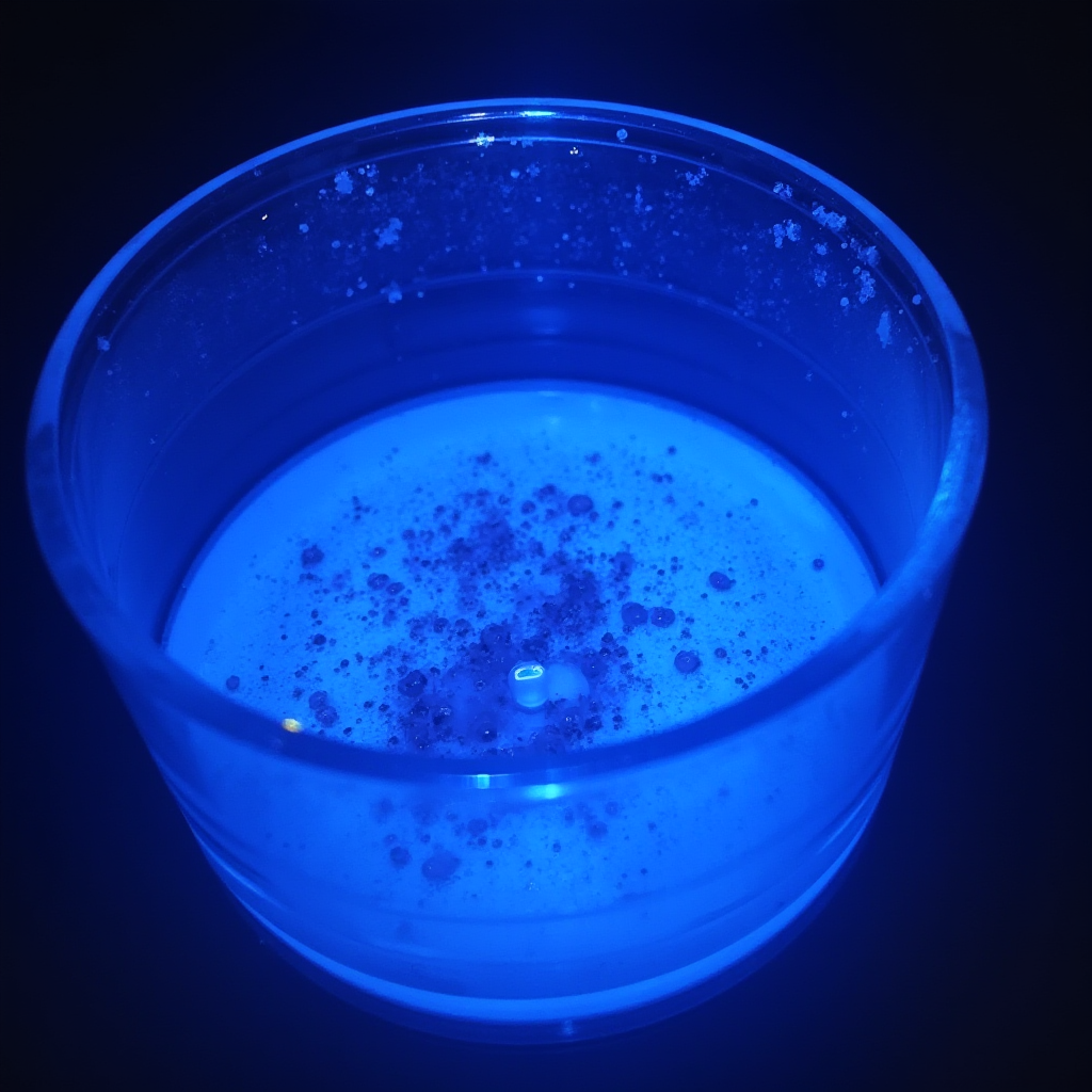 Laboratoryjna hodowla in vitro kaktusa bożonarodzeniowego (Schlumbergera truncata): sterylne naczynie z żelem agarowym i mikroskopijnymi sadzonkami. Ostre światło mikroskopowe, niebieska poświata.