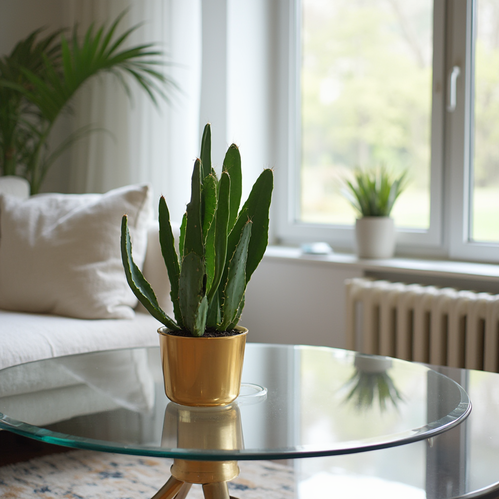 Nowoczesna aranżacja wnętrza z kaktusem bożonarodzeniowym (Schlumbergera truncata) jako głównym akcentem. Szklany stolik, minimalistyczna sofa, roślina w złotej donicy. Styl skandynawski, naturalne światło.