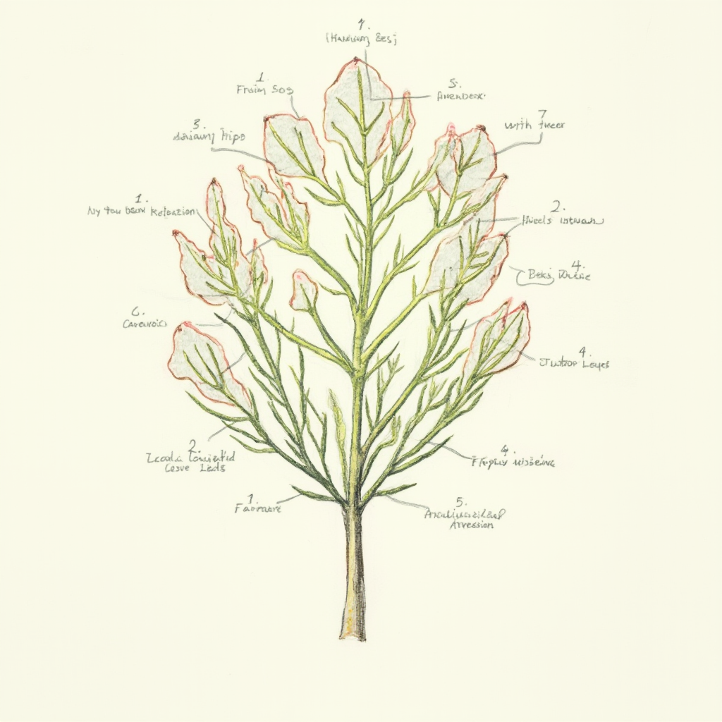Schemat budowy anatomicznej pędu Hatiora gaertneri z podpisami: 1. Epiderma z aparatami szparkowymi, 2. Tkanka wodna, 3. Wiązki przewodzące, 4. Areola z zawiązkami kwiatowymi. Rysunek w stylu botanicznej ilustracji naukowej.