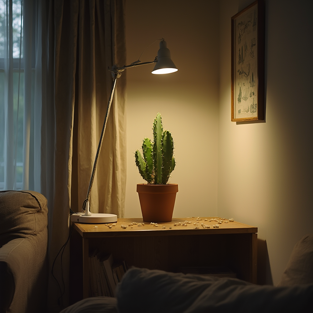 Pokój dzienny z kaktusem wielkanocnym ustawionym na półce z regulowanym oświetleniem LED. Lampy z diagnozą barwy 4000K, podświetlające roślinę pod kątem 45 stopni.