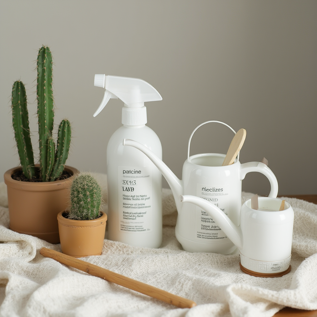 Zestaw akcesoriów do pielęgnacji: butelka z atomizerem, konewka z długą szyjką, nawóz w płynie dla kaktusów, drewniany patyczek do spulchniania ziemi, wszystko ułożone na lnianej ścierce.