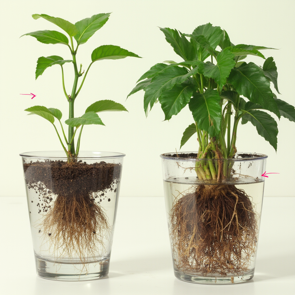 Porównanie systemów korzeniowych: młoda roślina w przezroczystej doniczce pokazująca białe, zdrowe korzenie versus przerośnięty system z brązowymi końcówkami. Oznaczenia strzałkami wskazującymi na objawy przelania.