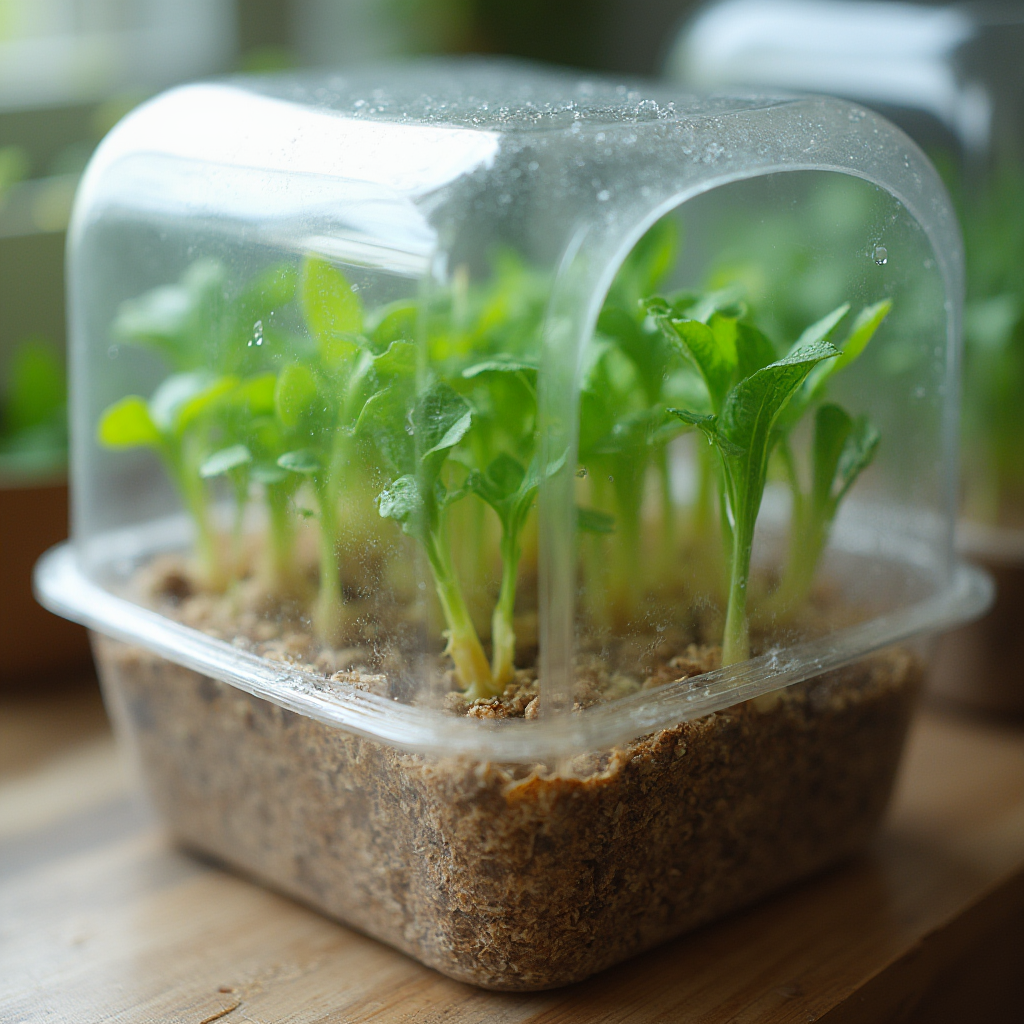 Mini szklarnia hobby z sadzonkami Hatiora gaertneri: plastikowy pojemnik z przezroczystą pokrywą, wypełniony perlitem, z widocznymi ukorzeniającymi się segmentami i skraplającą się parą wodną.