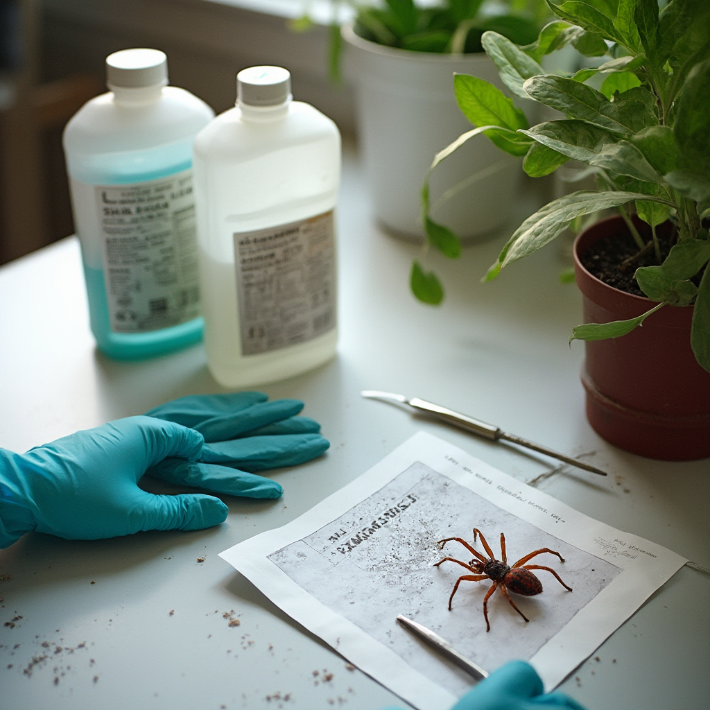 Zestaw narzędzi do rehabilitacji roślin: sterylizowany skalpel, środki grzybobójcze w opakowaniach, rękawice nitrylowe, mikroskopowe zdjęcie przędziorków dla identyfikacji szkodników.