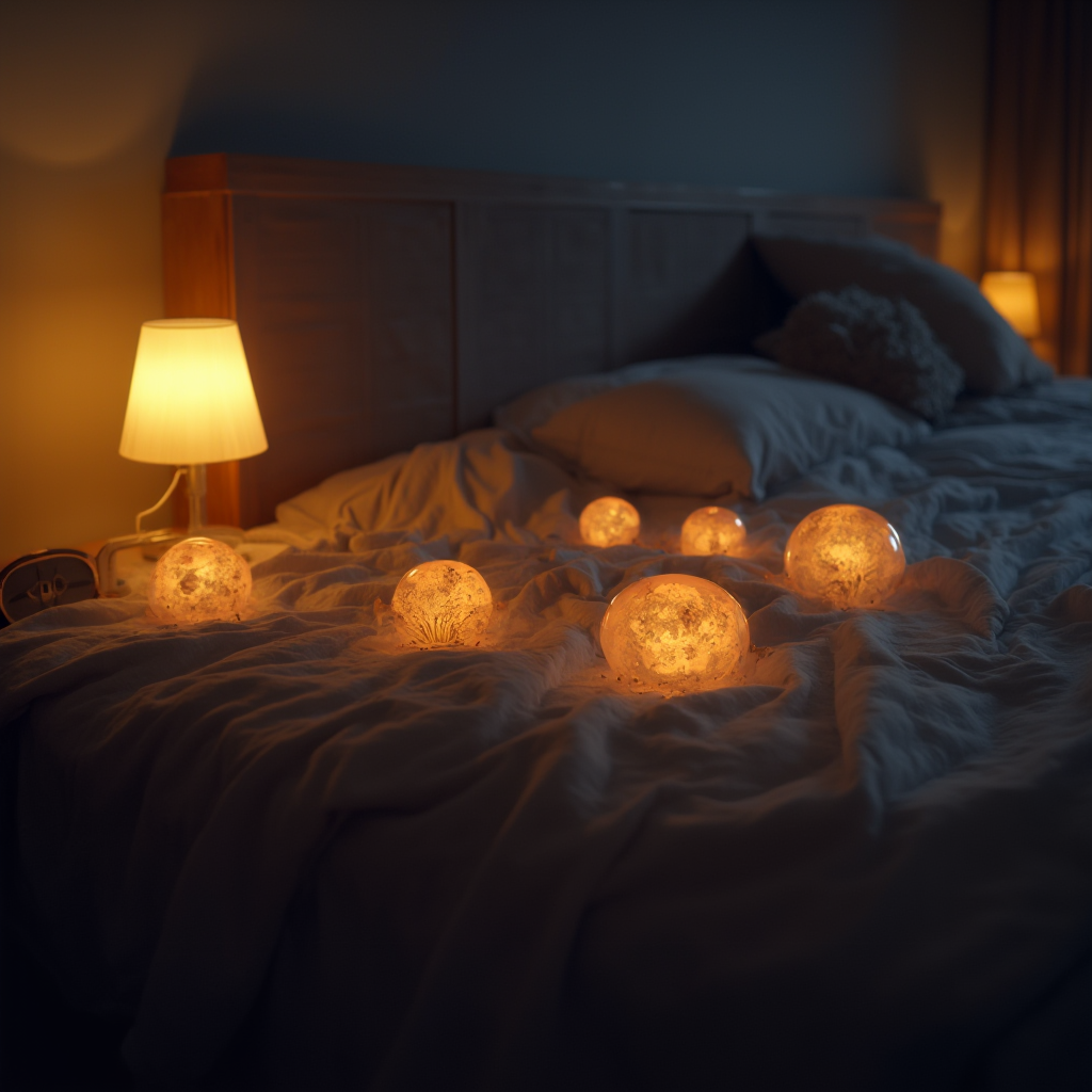 Sypialnia z kilkoma okazami Hatiora gaertneri na nocnych stolikach, z czujnikiem jakości powietrza pokazującym optymalne parametry. Scena oświetlona ciepłym, nocnym światłem.