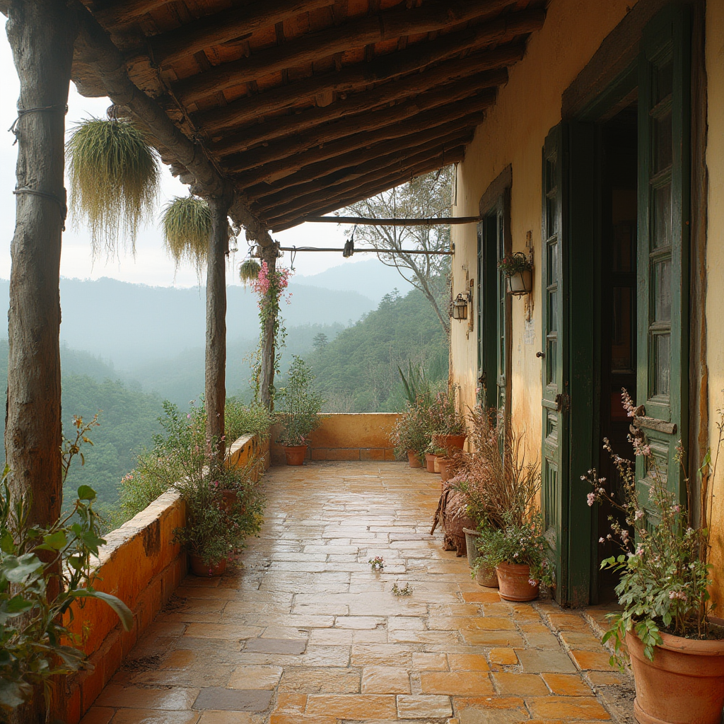Tradycyjna brazylijska zagroda z wiszącymi kaktusami wielkanocnymi na werandzie, w tle krajobraz lasu mglistego. Kolorystyka ciepłych ziemi z akcentami różowych kwiatów.