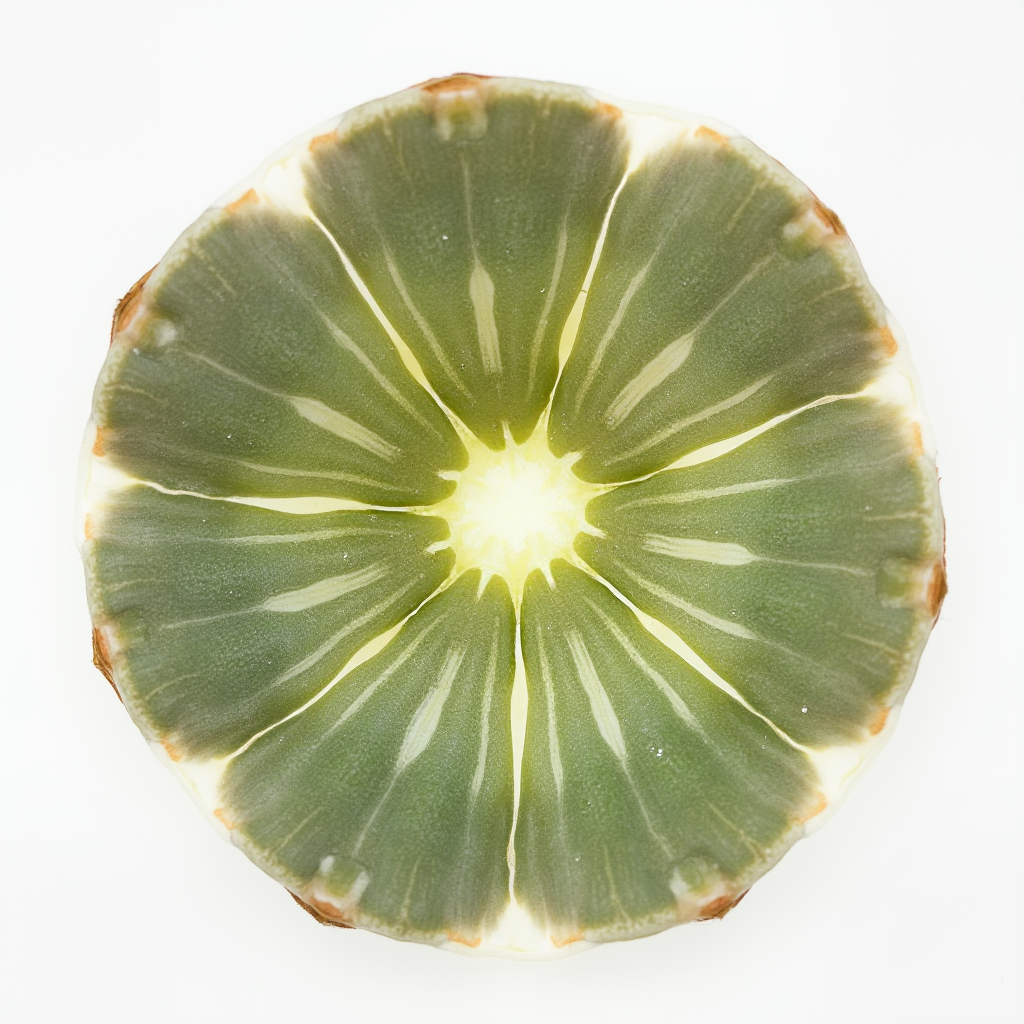 Przekrój poprzeczny liścia Lithops aucampiae (żywego kamienia) ukazujący strukturę miąższu. Widać wyraźnie warstwę wodną, tkankę fotosyntetyczną i półprzezroczyste okienko. Kadr makro na białym tle.