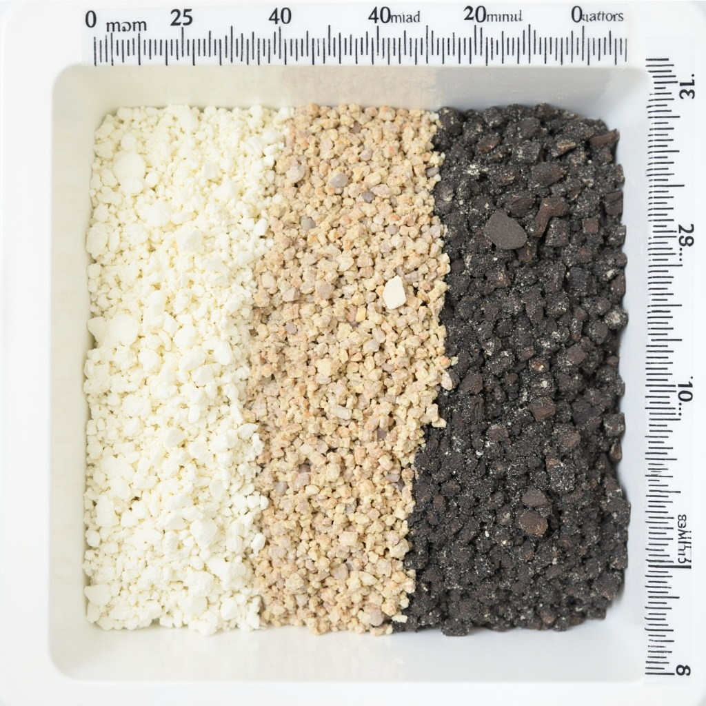 Różne frakcje podłoża dla Lithops aucampiae rozłożone na białej tacy. Widać wyraźnie perlit, pumeks, pokruszoną cegłę i węgiel drzewny. Kadr z góry z linijką pokazującą rozmiar cząstek.