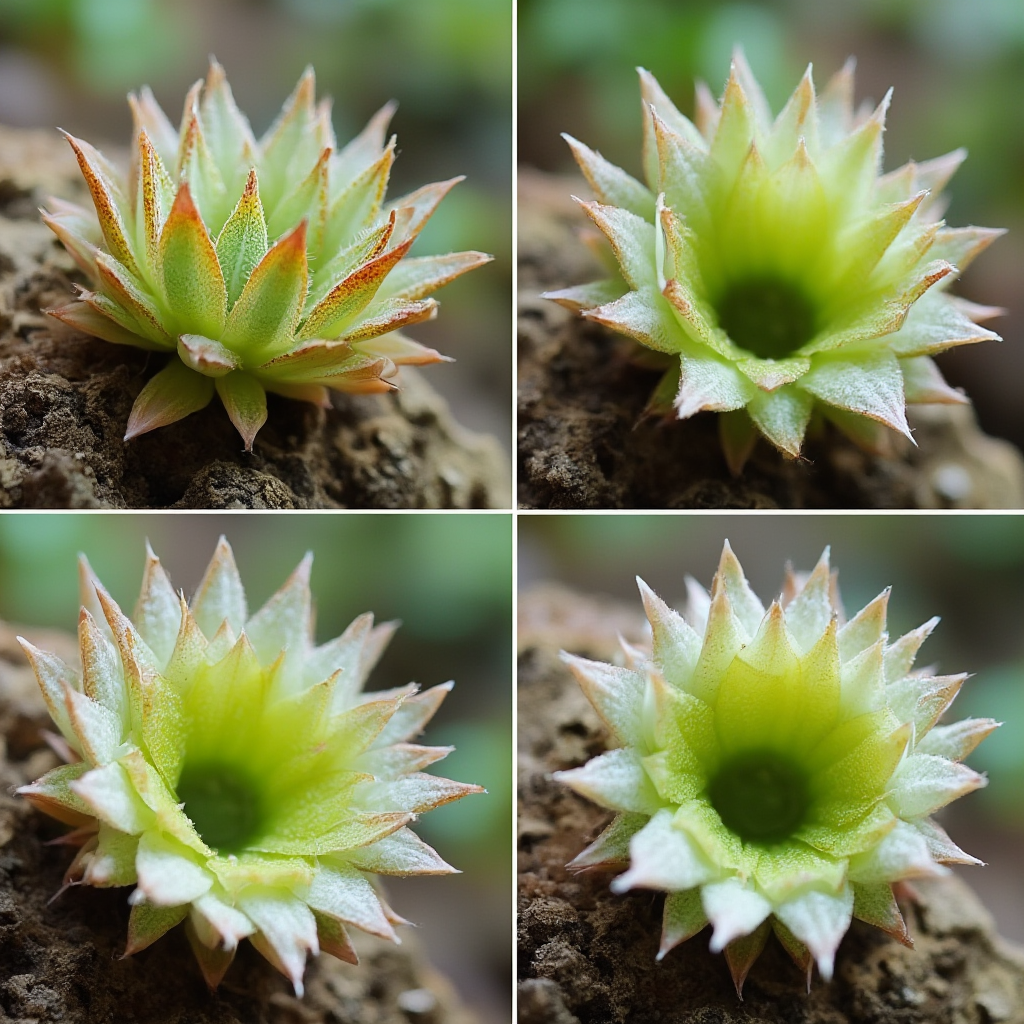 Sekwencja zdjęć pokazująca zmiany w Liście Lithops aucampiae w ciągu roku. Cztery panele ukazujące kolejne etapy wzrostu, kwitnienia i wymiany liści.