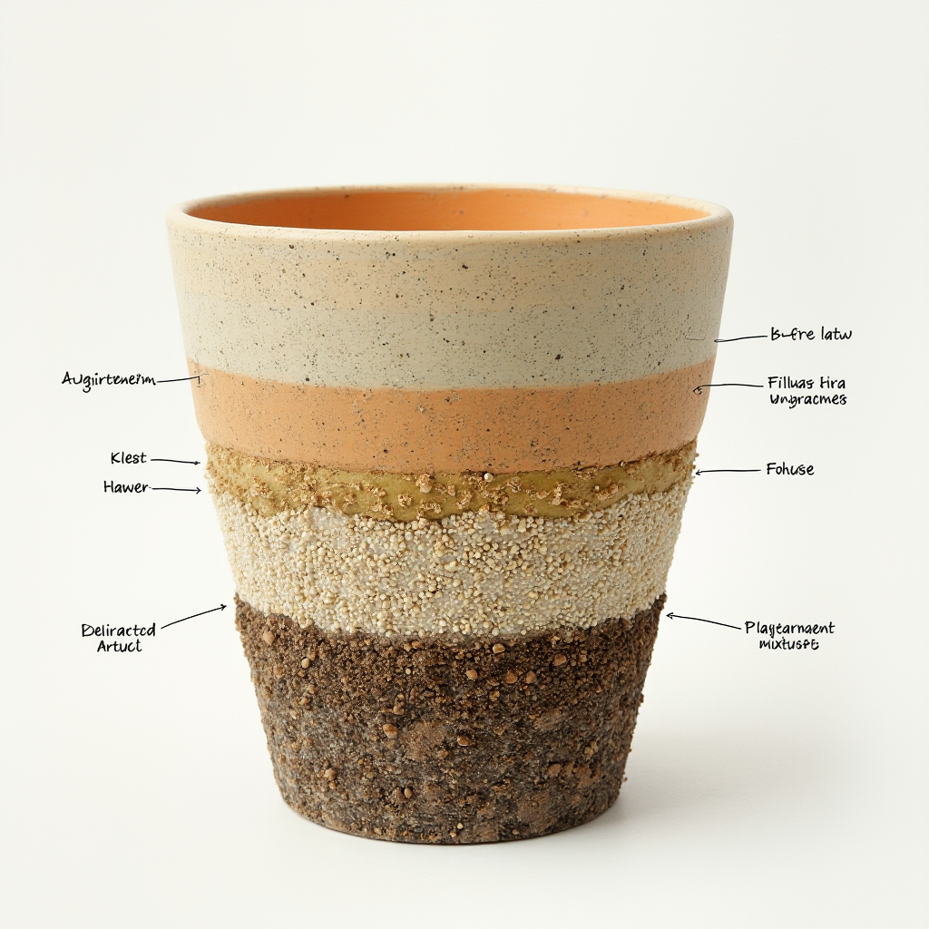 Schemat warstwowy doniczki dla Lithops aucampiae. Przekrój ukazujący warstwę drenażową, piaskową i główną mieszankę glebową. Podpisane części z opisem materiałów.