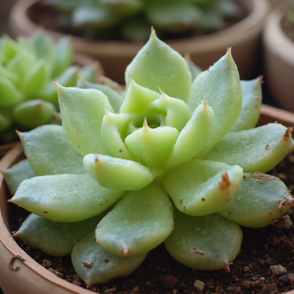 Lithops aucampiae z objawami przelania – przezroczyste, nabrzmiałe liście z plamami nekrotycznymi. Kadr kontrastujący ze zdrową rośliną obok.