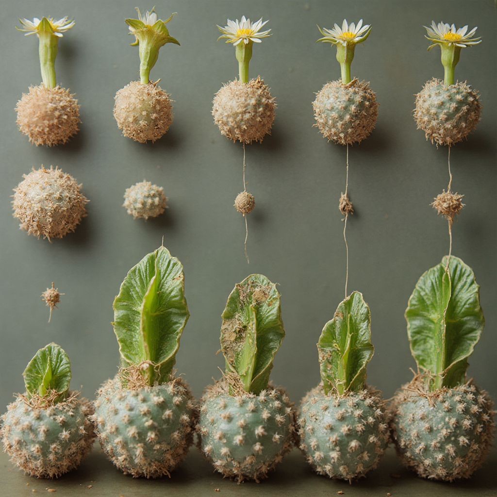 Série zdjęć poklatkowych ukazujących pełny cykl roczny Lithops aucampiae. Kolejne etapy: kwitnienie, tworzenie nowej liści, obumieranie starego organu.