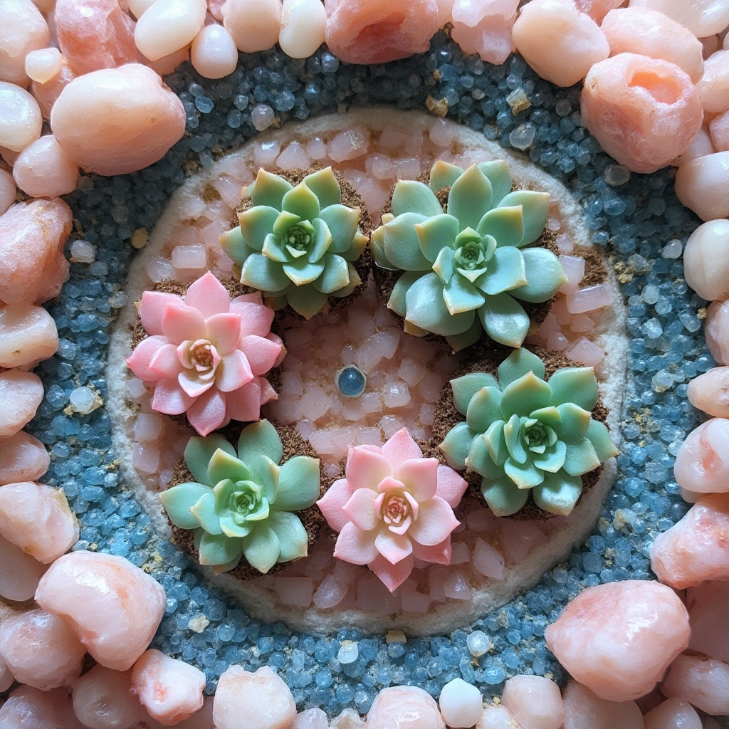 Artystyczna aranżacja Lithops aucampiae z kwarcem różowym i niebieskim szklanym żwirem. Kadr z góry z symetrycznym układem kamieni otaczających rośliny.