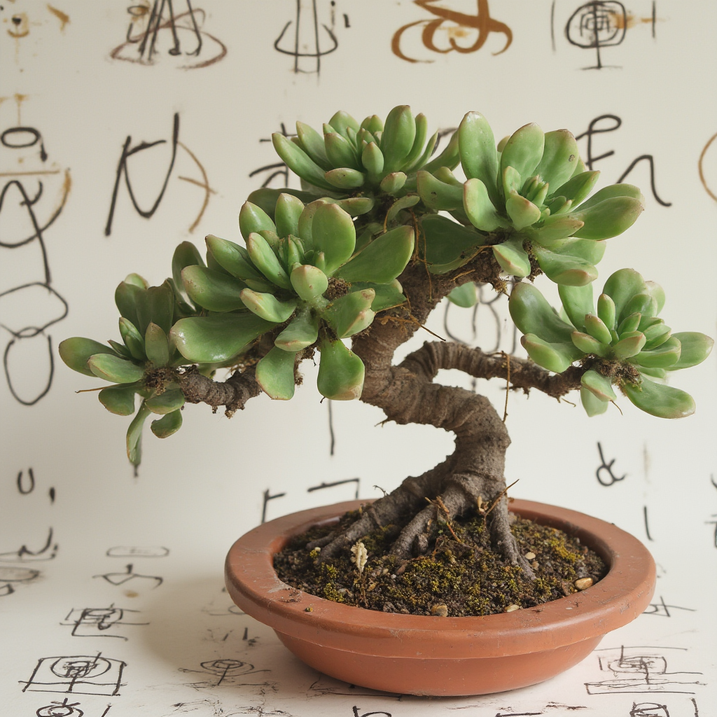 Lithops dorotheae w stylizacji bonsai na tle kaligrafii z afrykańskimi symbolami. Kadr: kompozycja minimalistyczna z akcentem na kontrast faktur.