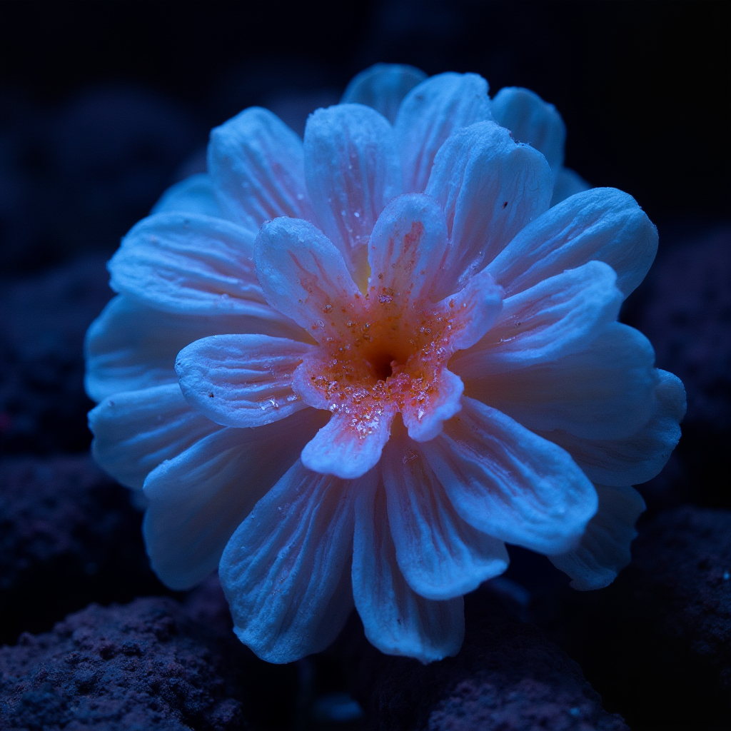 Chory Lithops dorotheae z objawami przelania: przejrzyste liście z pęknięciami. Kadr: kontrastowe ujęcie podświetlone lampą UV ukazujące uszkodzenia tkanki.