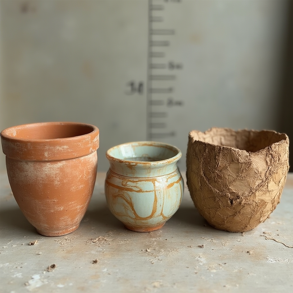 Porównanie doniczek dla Lithops dorotheae: terakota, ceramika szkliwiona, pojemnik z włókna kokosowego. Kadr: trio pojemników ustawionych na tle skali milimetrowej.