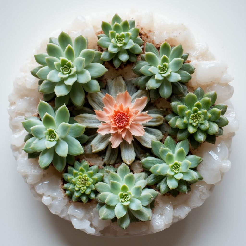 Kompozycja grupowa Lithops dorotheae w płaskiej misie z białego kwarcu. Kadr: układ symetryczny z roślinami ustawionymi w okręgu, centralny egzemplarz w fazie kwitnienia.