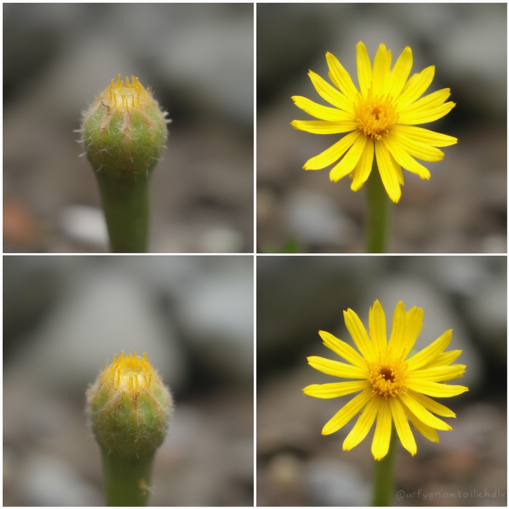 Sekwencja kwitnienia Lithops dorotheae: od pąka do pełnego rozwinięcia żółtego kwiatu. Kadr: kolaż czterech zdjęć pokazujących etapy rozwoju w odstępach 6-godzinnych.