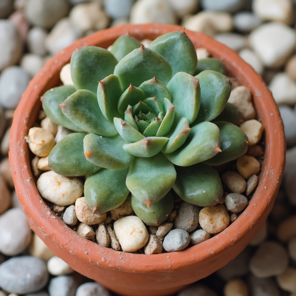 Kompozycja z Lithops fulviceps w płaskiej, okrągłej doniczce ceramicznej w kolorze terakoty, otoczonej drobnymi kamykami w odcieniach beżu i szarości