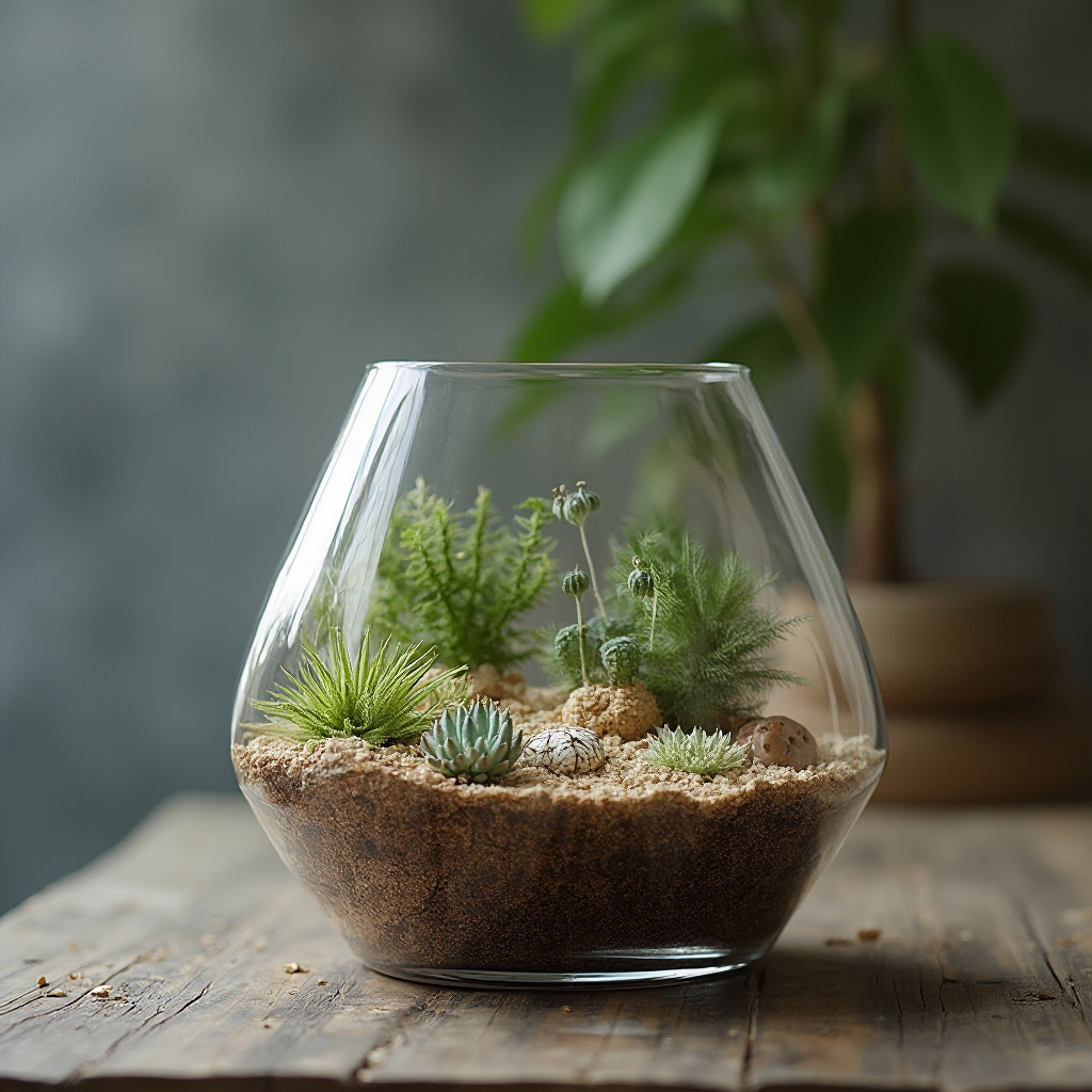 Nowoczesna aranżacja wnętrza z kompozycją Lithops hookeri w szklanym terrarium, stonowane kolorystycznie tło