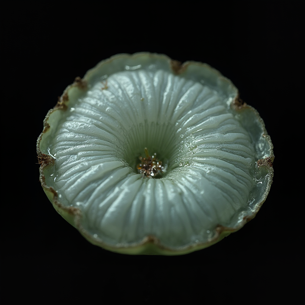 Przekrój poprzeczny liścia Lithops hookeri pokazujący tkankę wodną i kanaliki świetlne, makro fotografia na czarnym tle