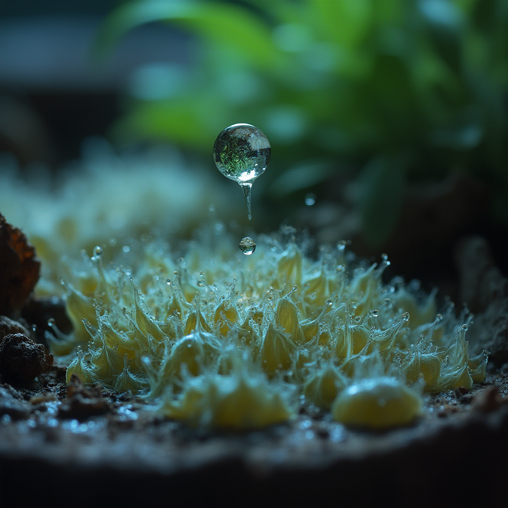 Kropla wody spadająca na liścia Lithops hookeri, efekt soczewkowania światła w przejrzystych komórkach, fotografia wysokiej rozdzielczości