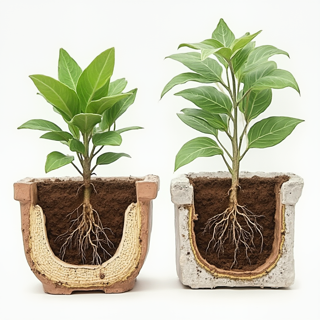 Porównanie systemów korzeniowych w różnych typach doniczek: plastikowa okrągła vs. ceramiczna prostokątna, przekrój pokazujący rozkład wilgoci