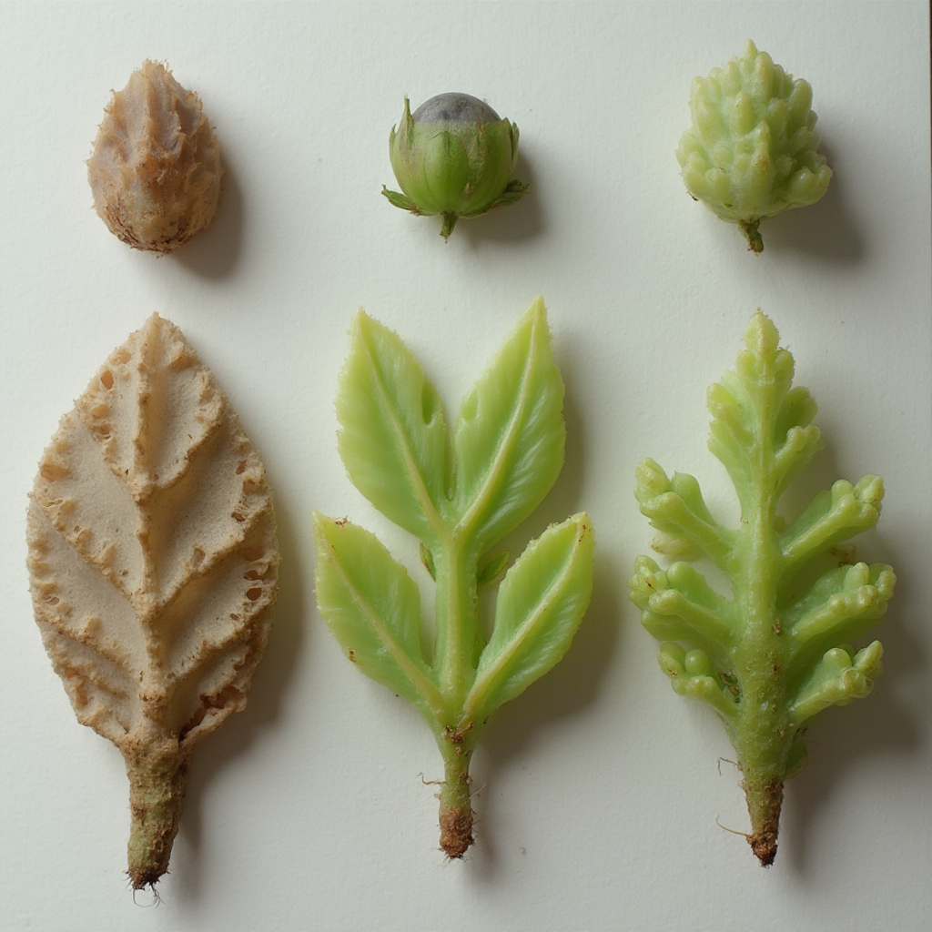 Fazy wzrostu Lithops hookeri w sekwencji czasowej: suchy liść oponowy, wyłaniająca się nowa para liści, pąk kwiatowy