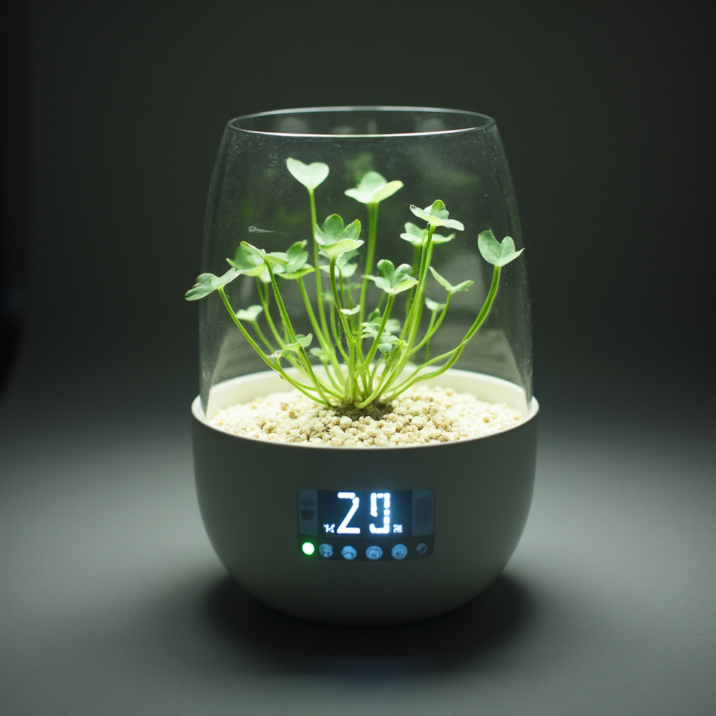 Smart doniczka dla Lithops hookeri z wyświetlaczem wskazującym wilgotność podłoża i natężenie światła, minimalistyczny design