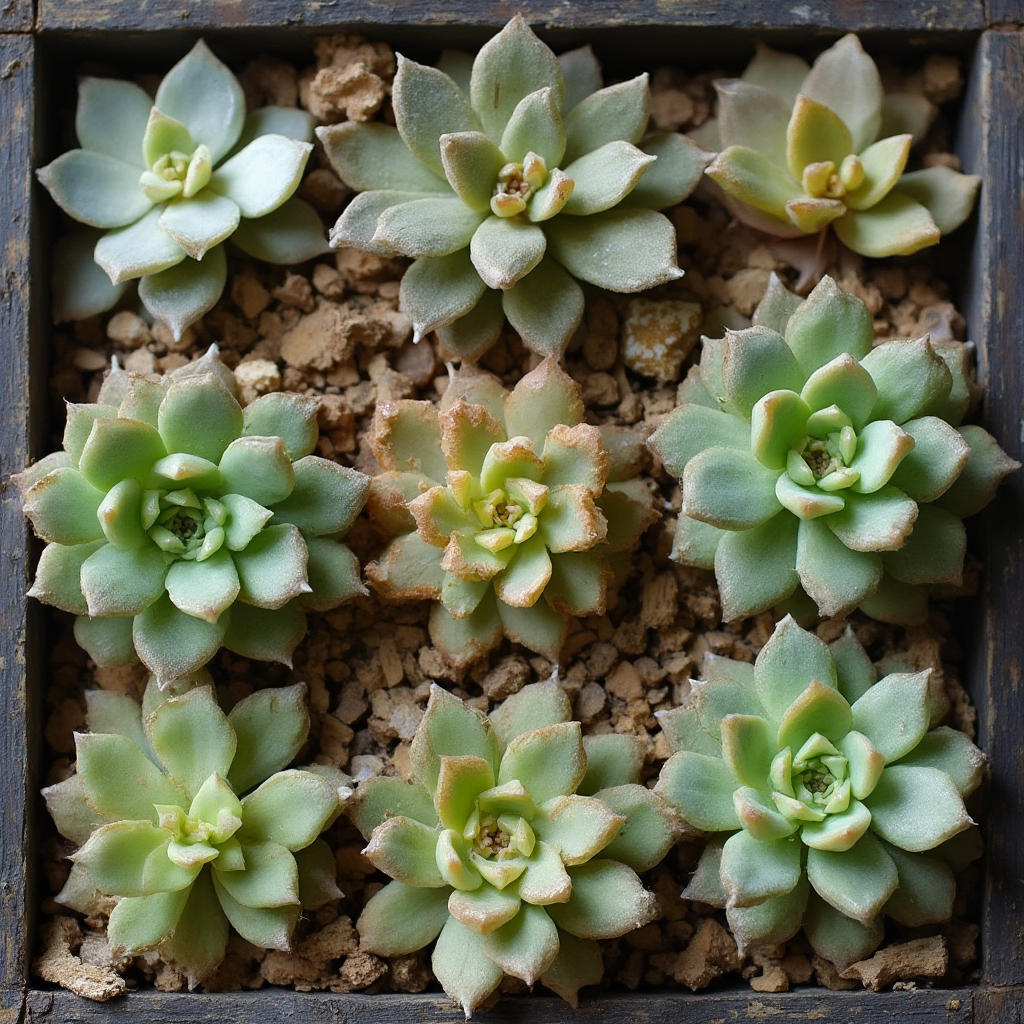 Lithops julii (Lithops julii) w różnych fazach rozwoju. Kadr pokazujący rośliny z wysuszonymi starymi liśćmi i nowymi przyrostami. Kompozycja z boku.