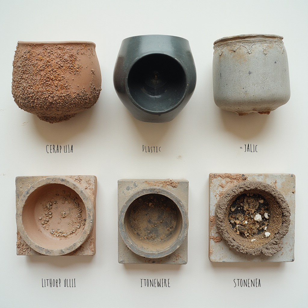 Porównanie różnych doniczek dla Lithops julii (Lithops julii). Ceramiczna, plastikowa i kamionkowa – kadr z góry z podpisami materiałów.