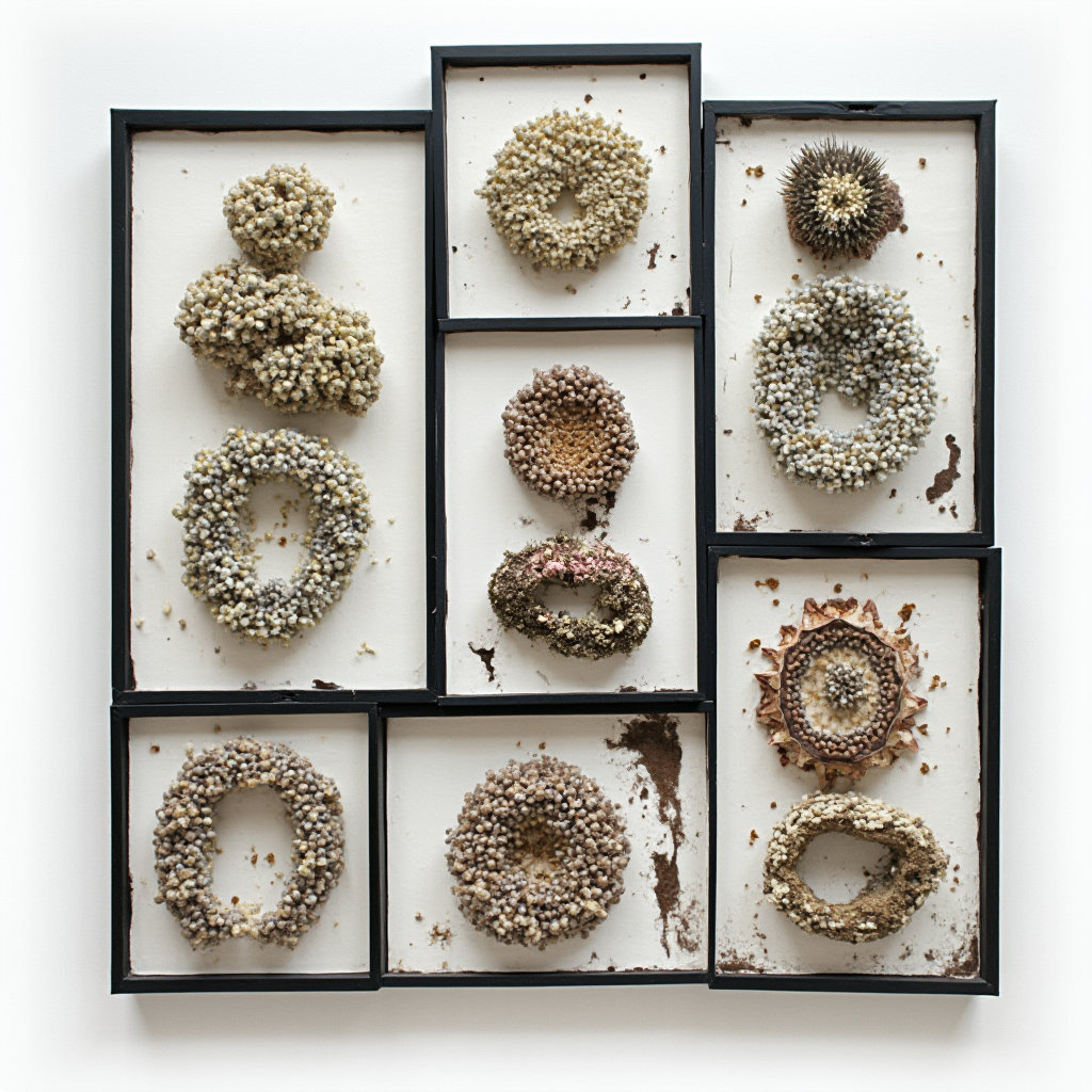 Kolekcja zdjęć Lithops lesliei (Lithops lesliei) w różnych fazach rocznych. Kolaż pokazujący cykl od kwitnienia przez spoczynek do regeneracji. Czarne ramki, białe tło.