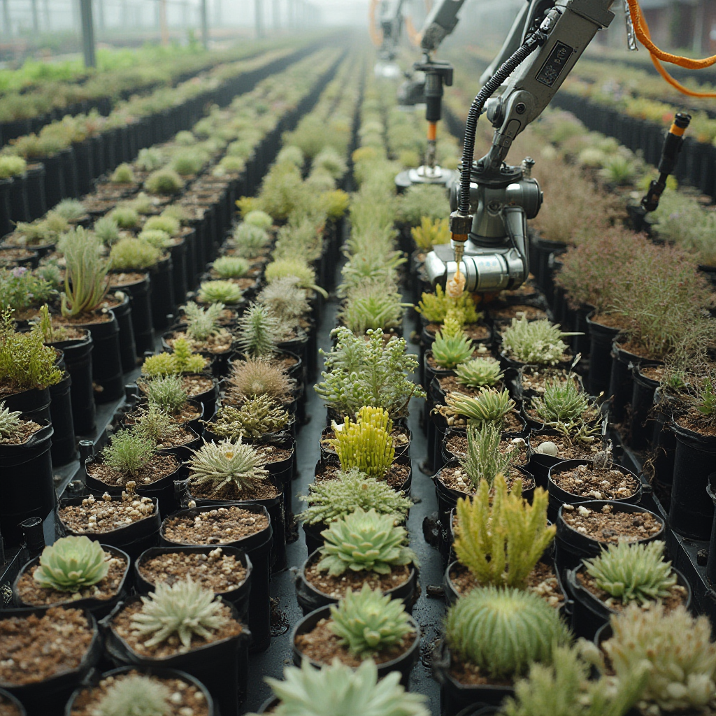 Szklarnia hodowlana Lithops lesliei (Lithops lesliei) – rzędy doniczek z roślinami w różnym wieku. Robotyczne ramię do precyzyjnego podlewania. Widok z lotu ptaka.