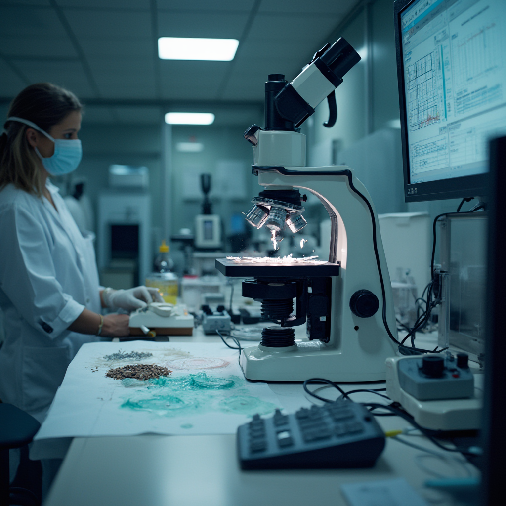 Laboratorium badawcze z Lithops lesliei (Lithops lesliei) pod mikroskopem. Widoczne urządzenia pomiarowe i wykresy wzrostu na ekranie komputera. Styl naukowej dokumentacji.