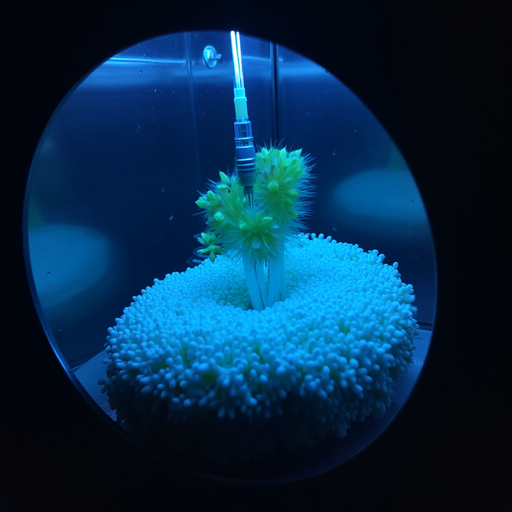 Lithops lesliei (Lithops lesliei) w komorze klimatycznej. Czujniki mierzące wilgotność, światło i temperaturę. Roślina podłączona do elektrod pomiarowych. Niebieska poświata.