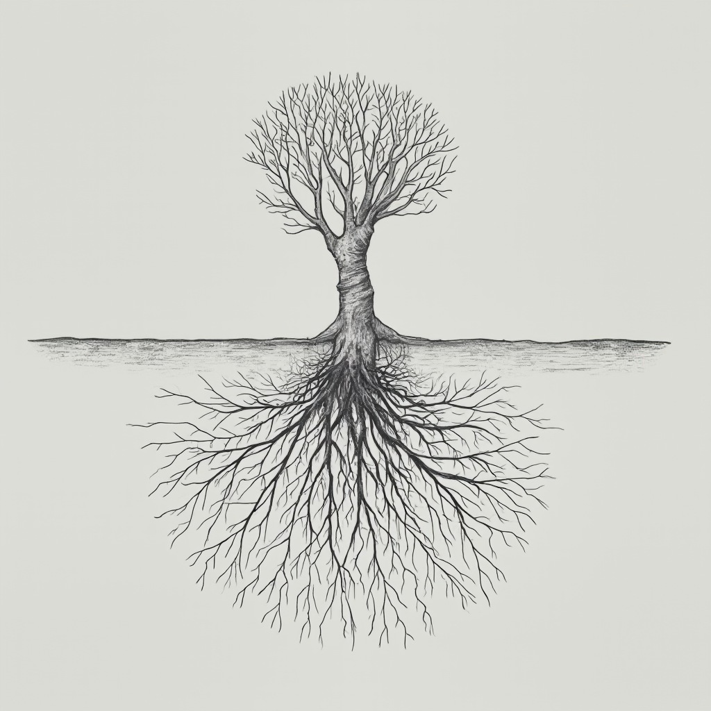 Schemat korzeniowy Lithops lesliei (Lithops lesliei) – infografika w stylu rycin botanicznych ukazująca system korzeniowy sięgający 15 cm w głąb ziemi. Szare tło, białe linie.