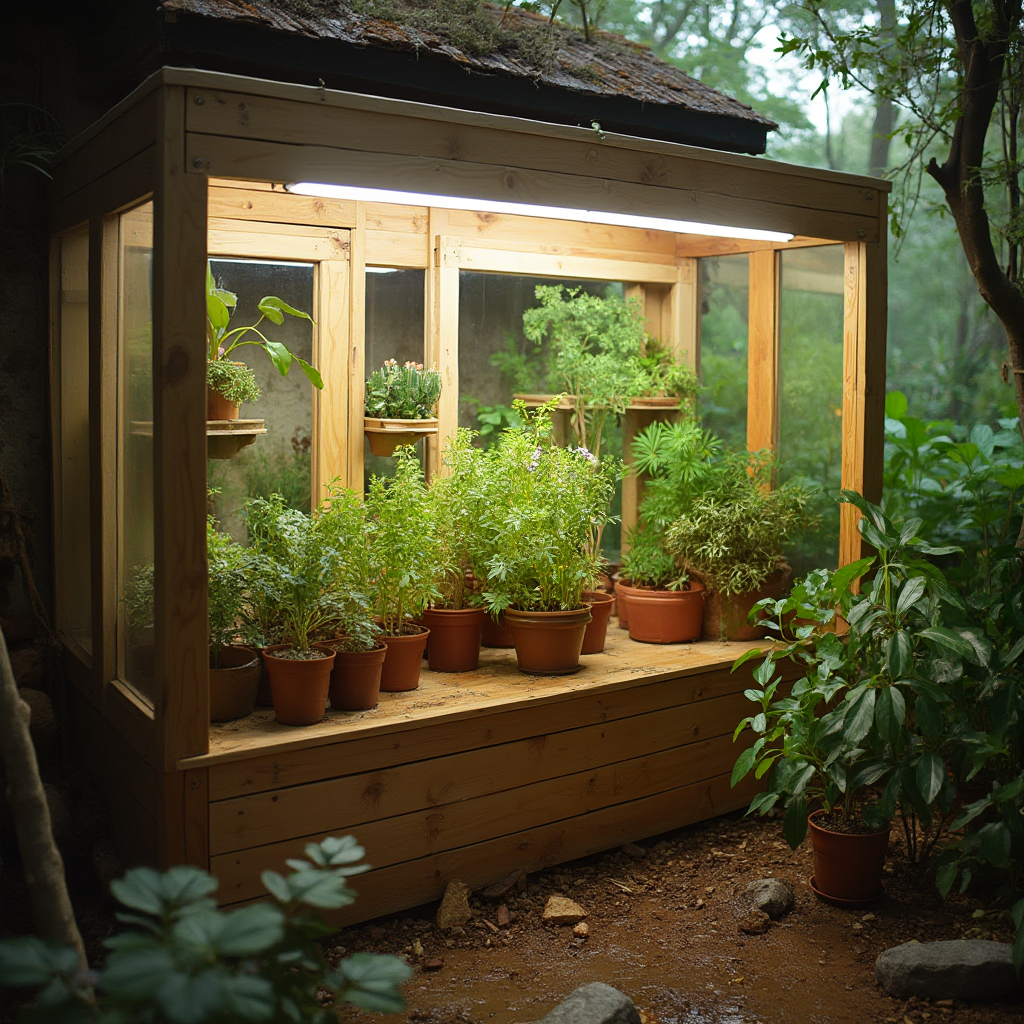 Domowa szklarnia dla Lithops lesliei (Lithops lesliei) z wentylacją i oświetleniem LED. Nowoczesna drewniana konstrukcja z półkami, na których stoją płaskie doniczki z roślinami.