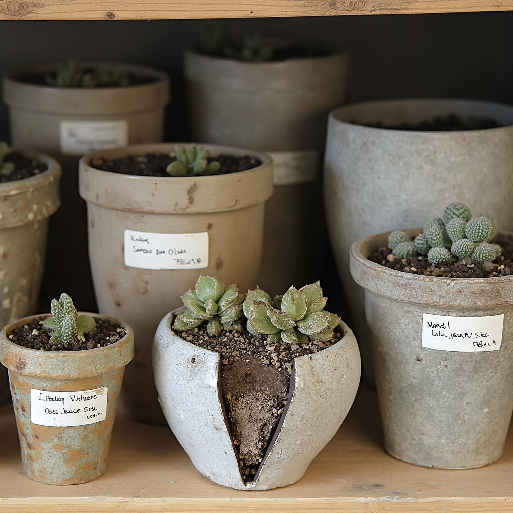 Kolekcja doniczek dla Lithops lesliei (Lithops lesliei) – różne materiały i kształty ustawione na półce. Podpisane etykiety z datami przesadzania, widoczna warstwa drenażu w przekroju.