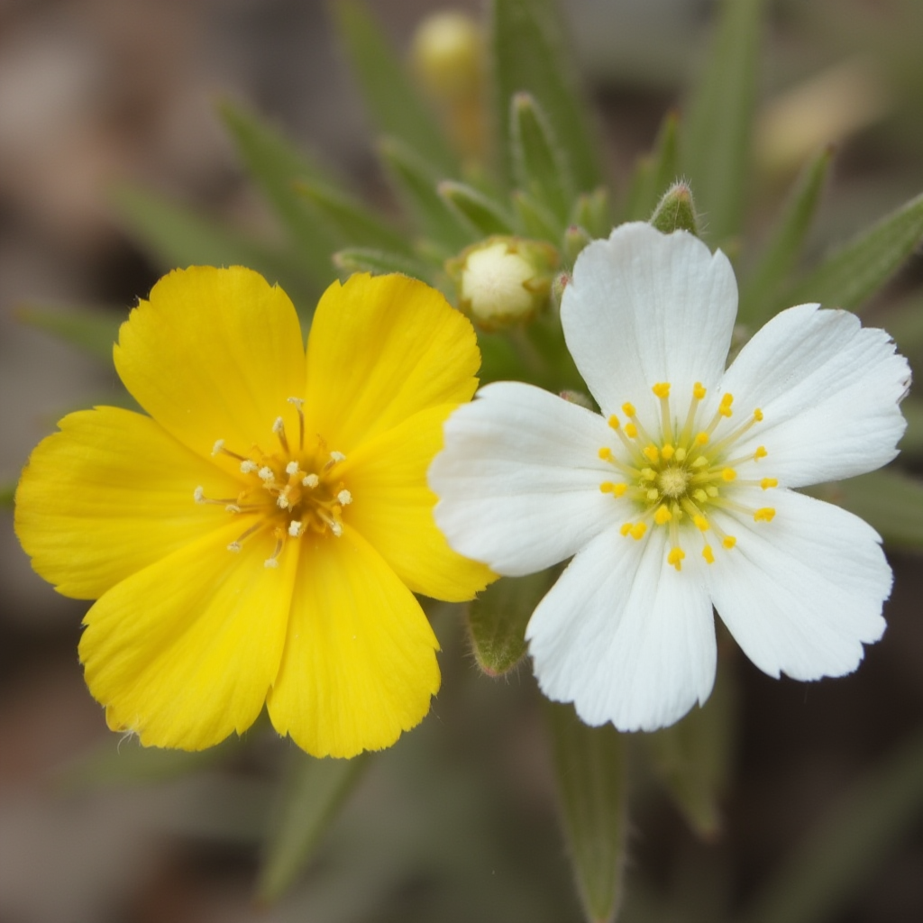 Porównanie kwiatów Lithops lesliei (Lithops lesliei) – żółty kwiat dziki i biała odmiana 'Albinica'. Kadr z góry, ostrość na pręciki i słupki.
