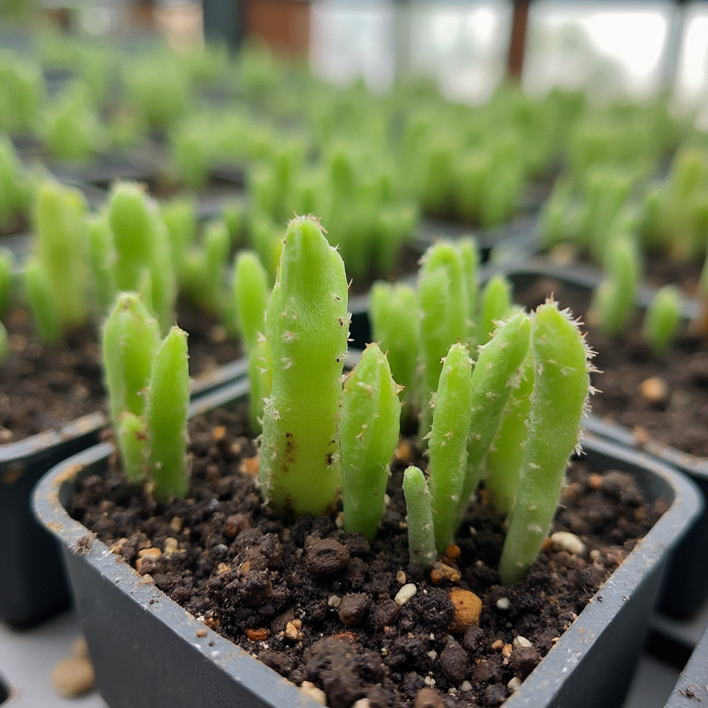 Siewki Lithops lesliei (Lithops lesliei) w mini szklarni. Widoczne różne stadia rozwoju – od świeżo wykiełkowanych po roczne okazy. Skala pokazująca wielkość 5 mm.