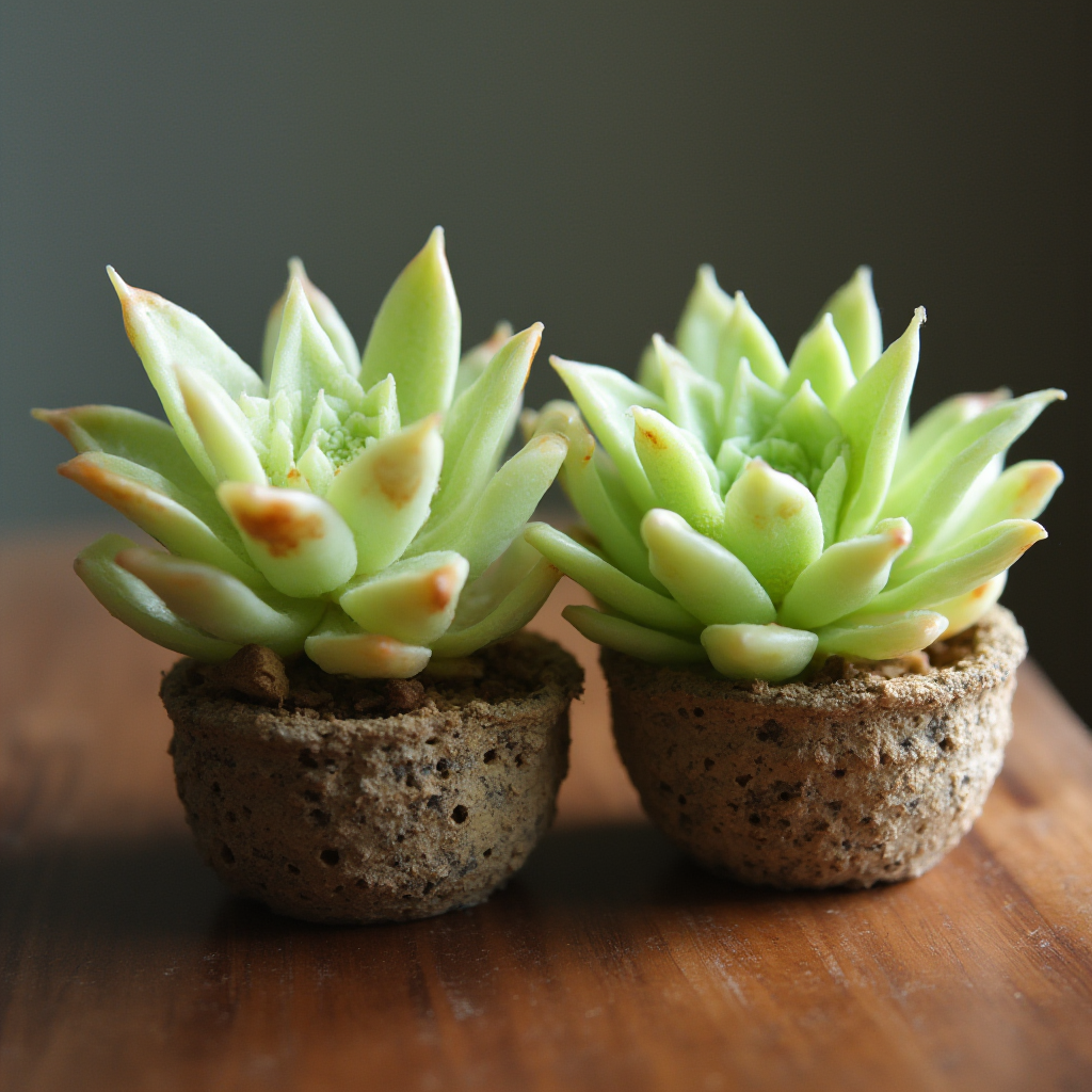 Chora roślina Lithops lesliei (Lithops lesliei) z objawami przelania – przejrzyste liście z brązowymi plamami. Obok zdrowy okaz dla kontrastu. Ostre światło uwydatniające różnice.