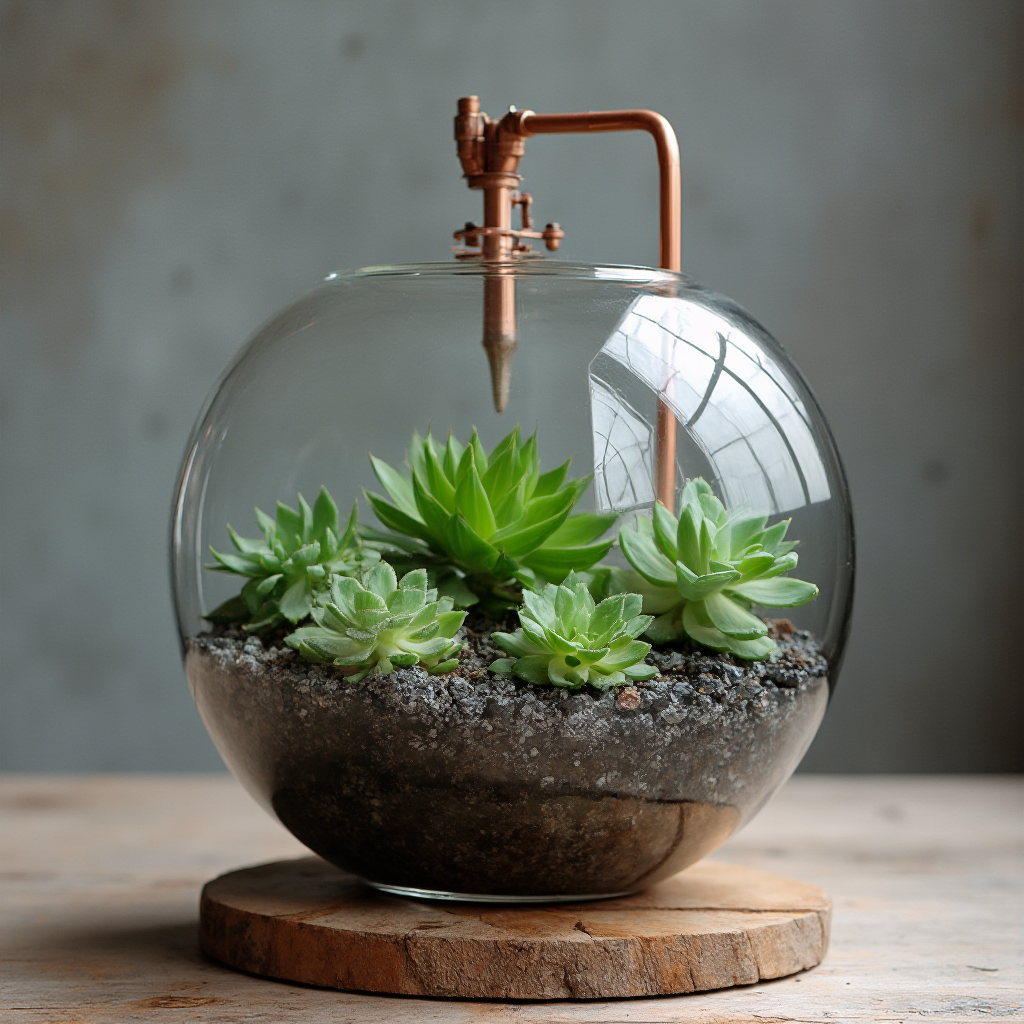 Nowoczesna aranżacja z Lithops lesliei (Lithops lesliei) – szklany terrarium z wentylacją, kamienie bazaltowe i miedziana rurka nawadniająca. Styl industrialny z drewnianą podstawą.