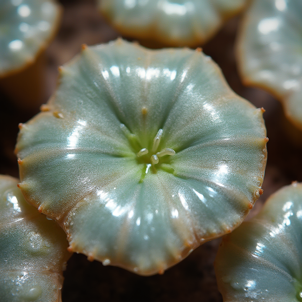 Makro fotografii pojedynczego Lithops marmorata (Lithops marmorata) z wyraźnym marmurkowym wzorem na górnej powierzchni liści. Ostre światło wydobywa perłowy połysk i przejrzystość tkanki. Kadr kwadratowy.